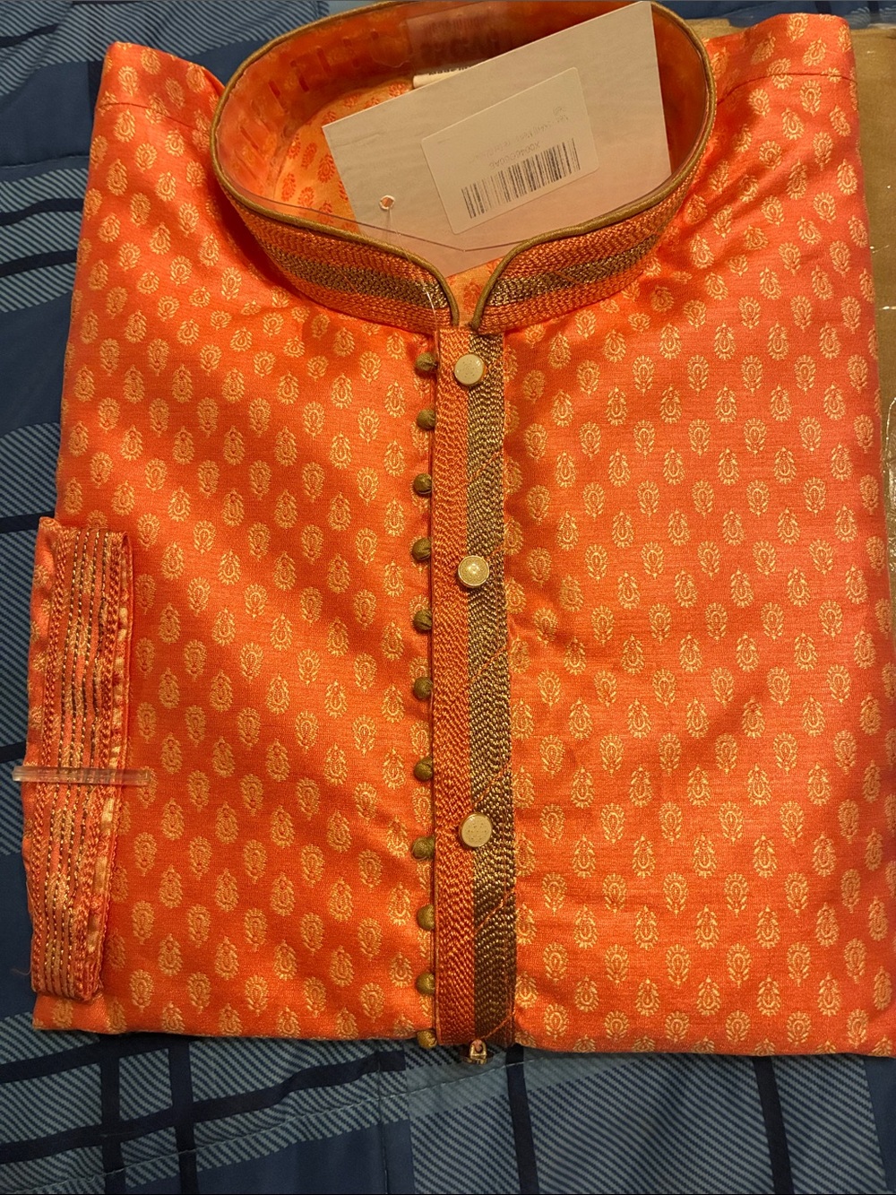 Men's Orange Traditional Kurta Pajama with Gold Motif and Brown Pant M|40 - Picture 4 of 8